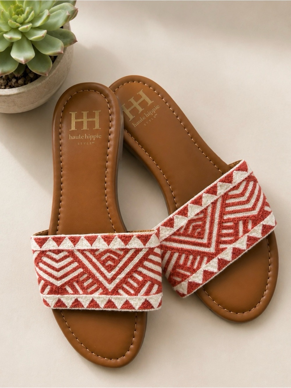 Haute Hippie Coral and Cream Embroidered Boho Slide Sandals Size 9